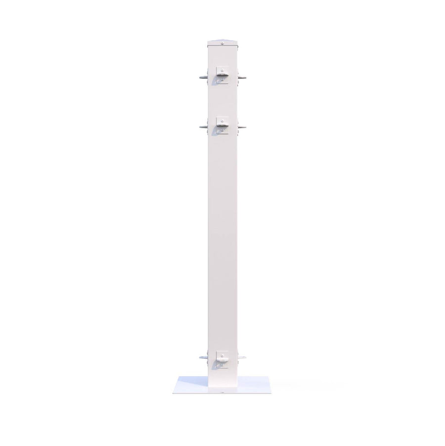 White metal display pole with multiple hooks for showcasing products.