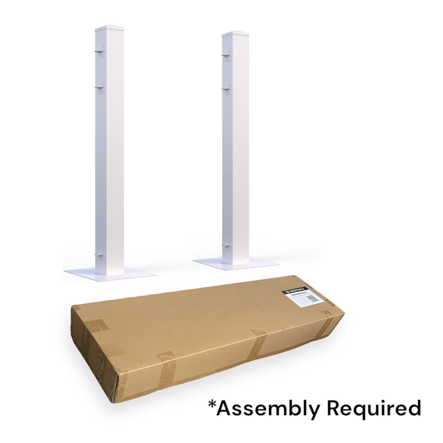 White metal vertical display poles for assembly, packaged in a box, ideal for showcasing products.
