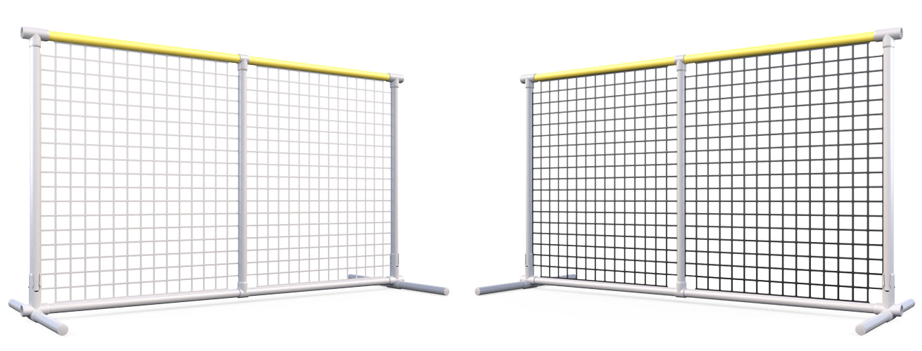 Durable outdoor safety fence with white frame and yellow top rail, grid design for visibility.