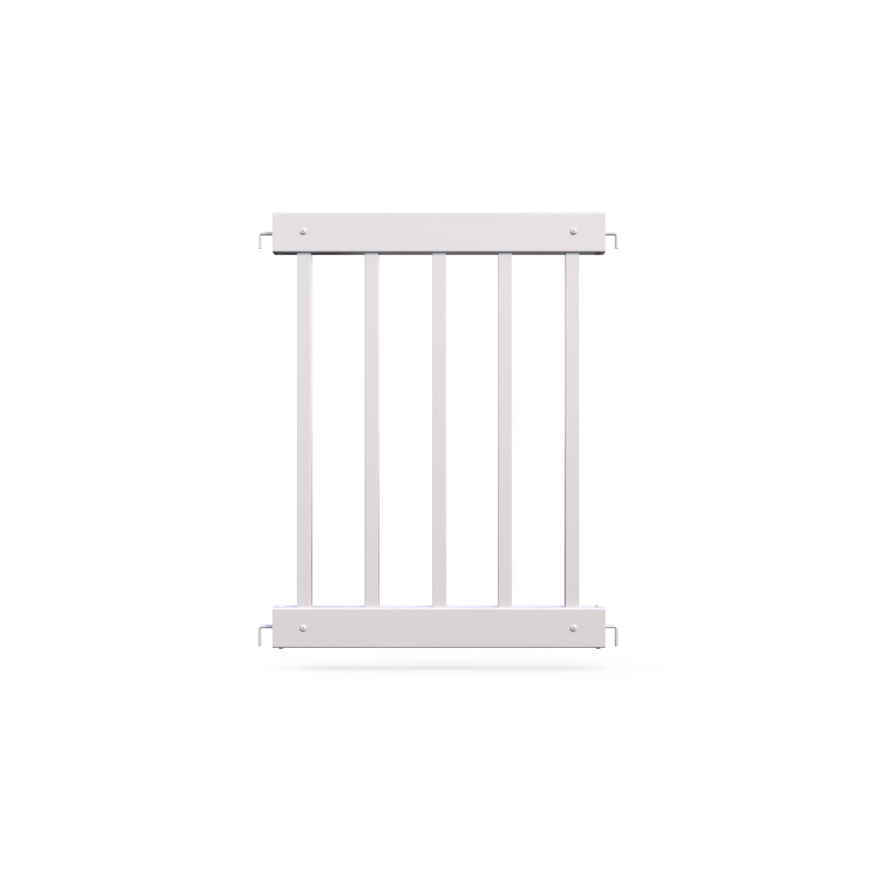 White metal safety gate with vertical bars, ideal for childproofing and pet protection.