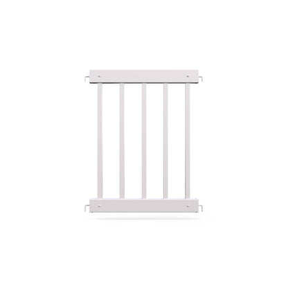 White metal safety gate with vertical bars, ideal for childproofing and pet protection.