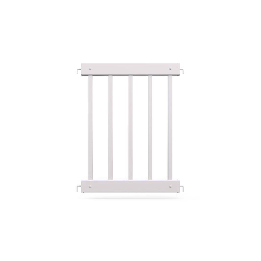White metal safety gate with vertical bars, ideal for childproofing and pet protection.