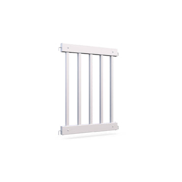 Classic white wooden safety gate with vertical slats, ideal for childproofing home entrances.