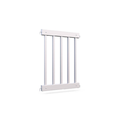 Classic white wooden safety gate with vertical slats, ideal for childproofing home entrances.