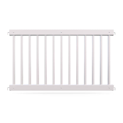 White aluminum safety gate with vertical slats, perfect for child or pet protection in home environments.