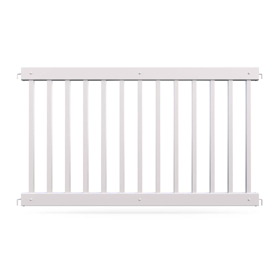 White aluminum safety gate with vertical slats, perfect for child or pet protection in home environments.