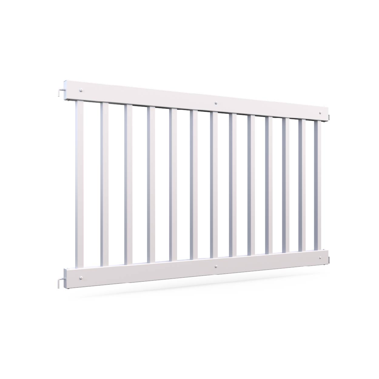 Durable white aluminum railing system with vertical slats for outdoor safety and elegance.