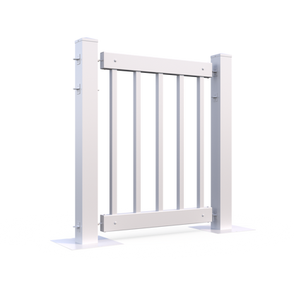 White wooden garden gate with vertical slats and sturdy posts for enhanced outdoor security.