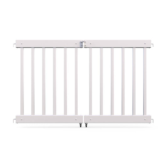 White wooden safety gate with vertical slats and secure latch, perfect for childproofing spaces.