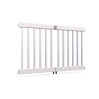 Adjustable white sliding baby gate with sturdy steel frame and safety lock feature for secure home use.