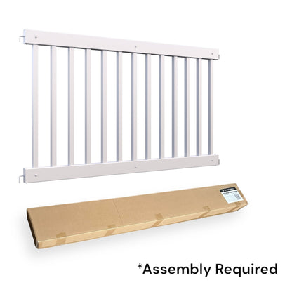 White metal safety guard rail with assembly required, ideal for home or commercial use.