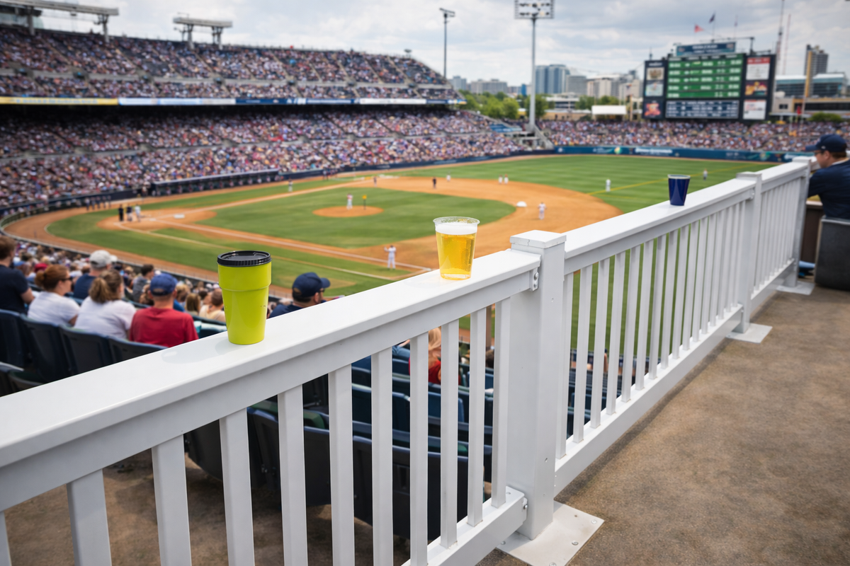 Bright yellow travel cup and beer glass on a stadium railing, enjoying a baseball game outdoors.