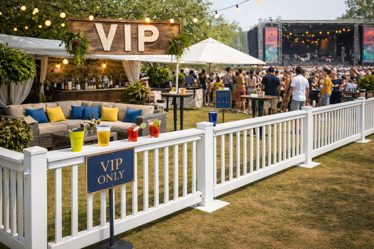 VIP area with comfortable seating, colorful drinks, and a stylish sign at an outdoor event.