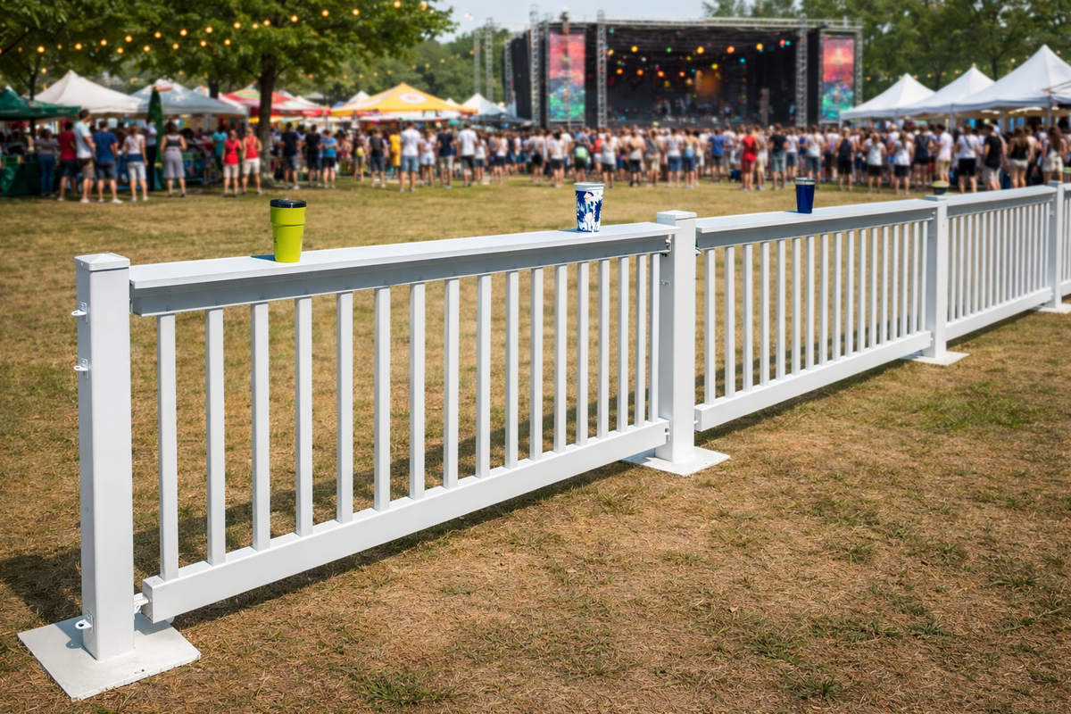 White outdoor festival railing with space for drinks, set against a crowd at a music event.