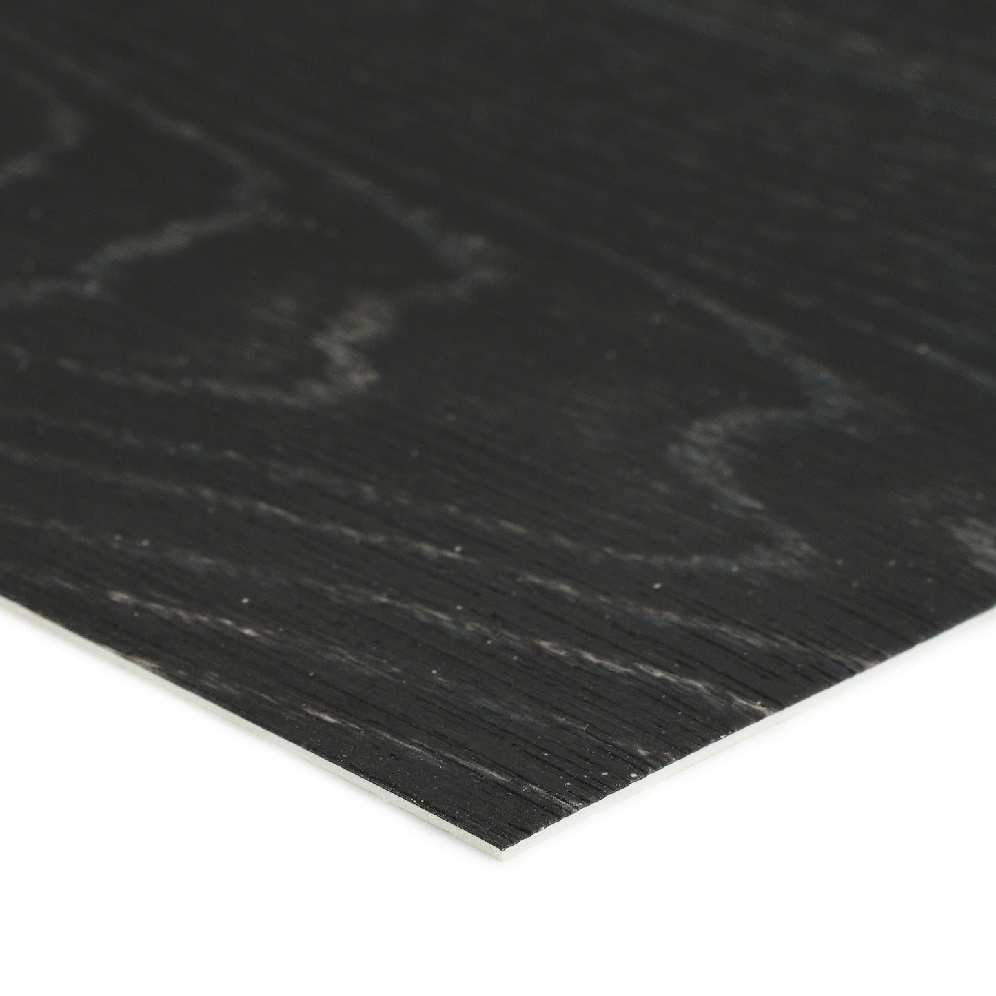 Close-up of a black wood laminate sheet, featuring a textured surface and sleek design.