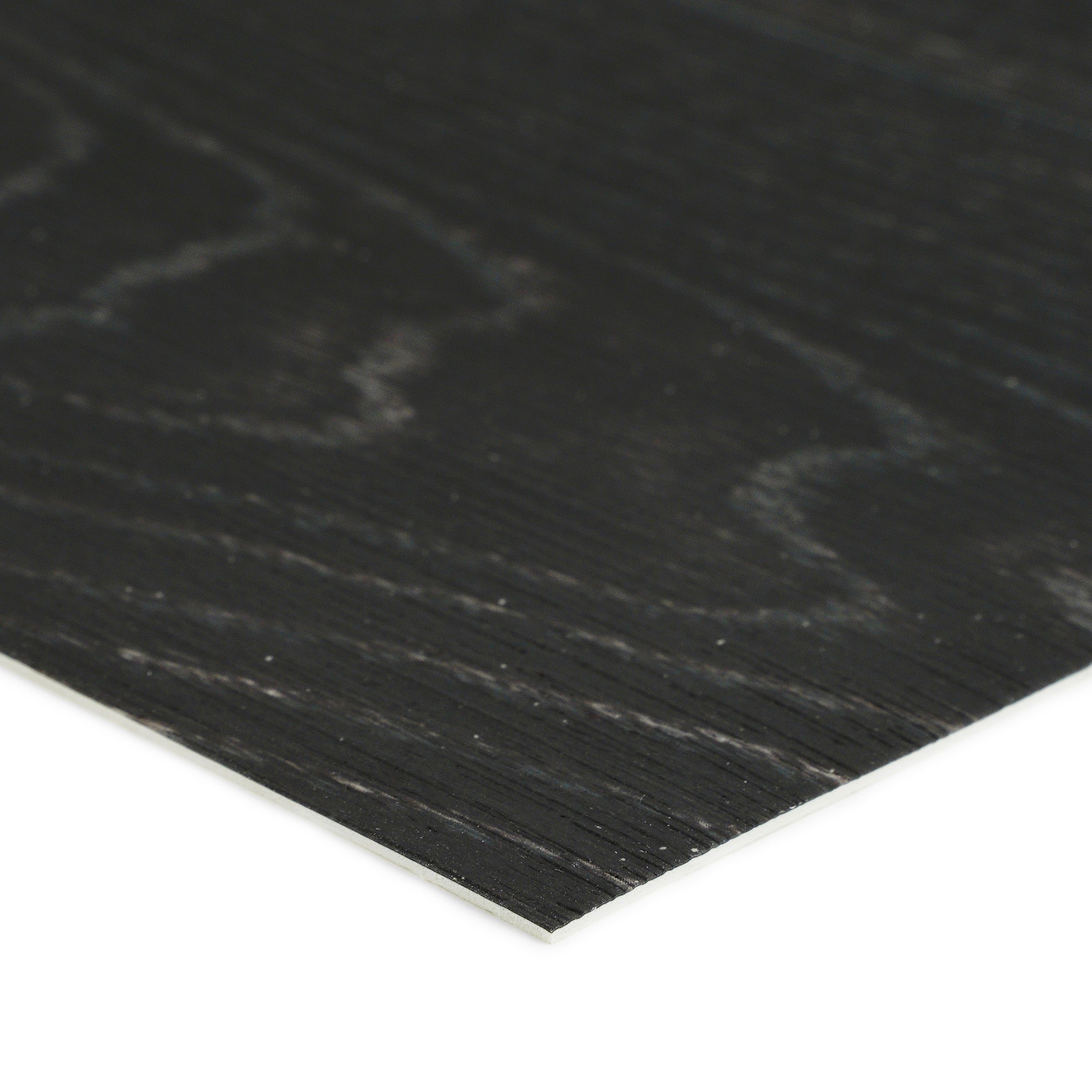 Close-up of a black wood laminate sheet, featuring a textured surface and sleek design.