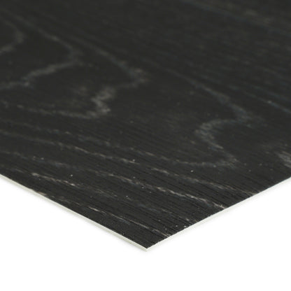 Close-up of a black wood laminate sheet, featuring a textured surface and sleek design.