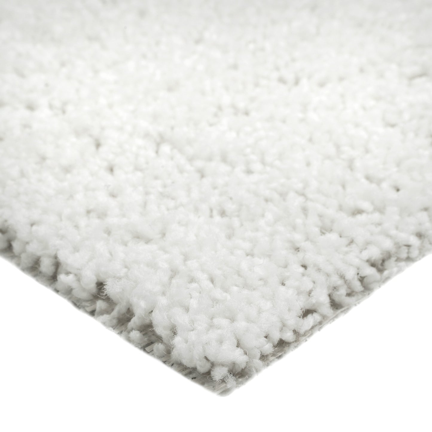 Cozy white shag area rug, soft texture, perfect for living room decor or bedroom comfort.