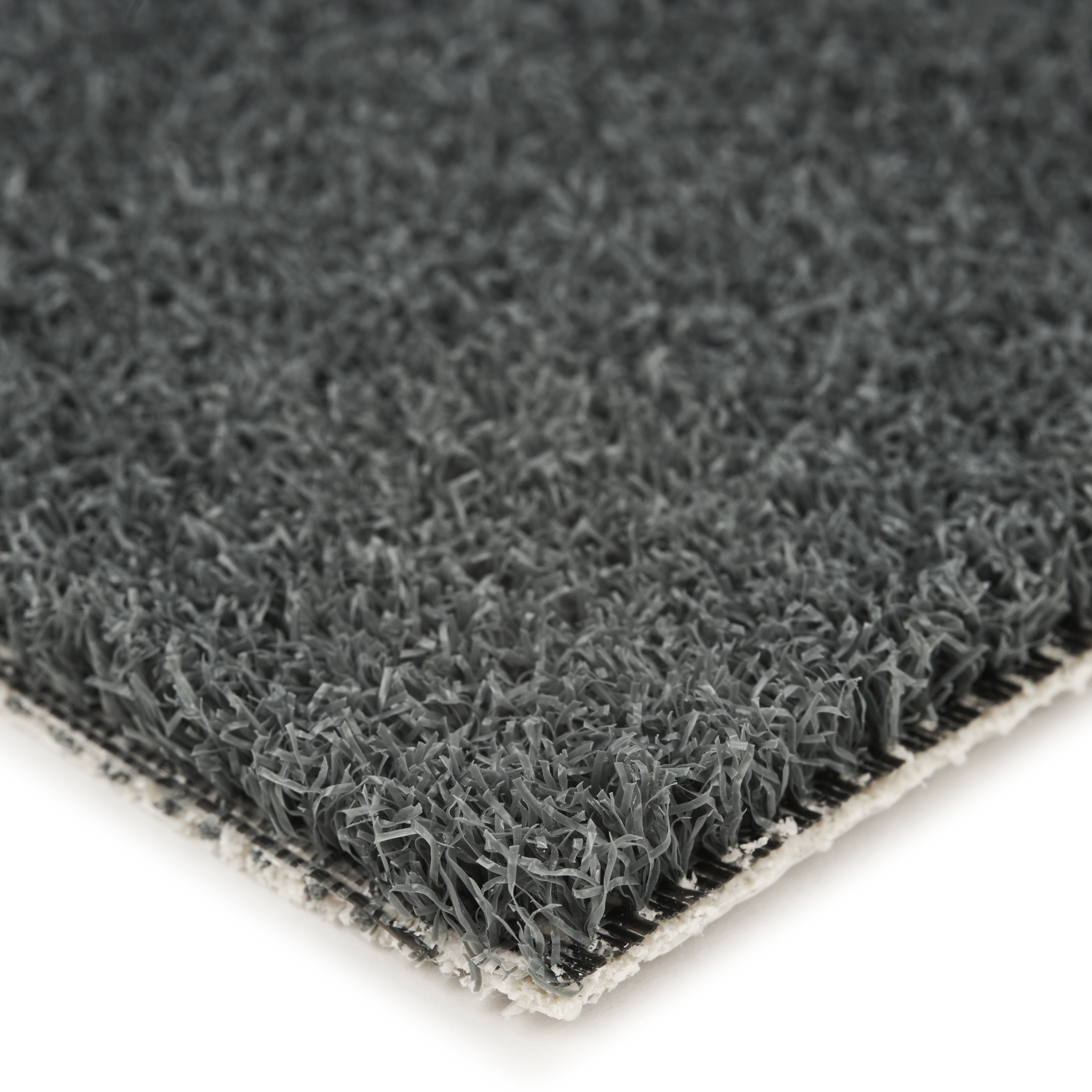 Dark gray artificial grass mat with textured surface, ideal for landscaping or indoor decor.