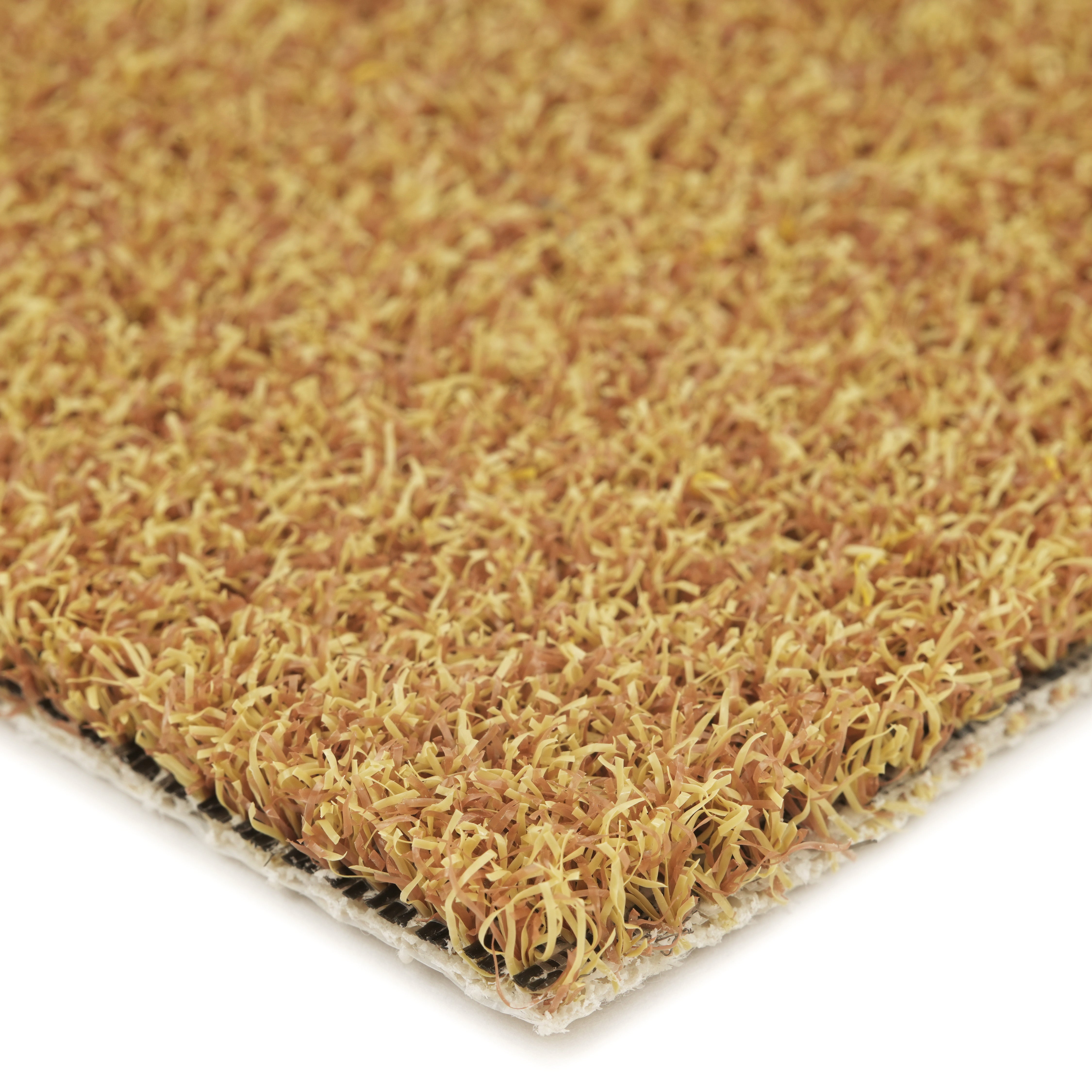 Natural-looking artificial grass mat, light brown and yellow, durable and low maintenance for outdoor use.