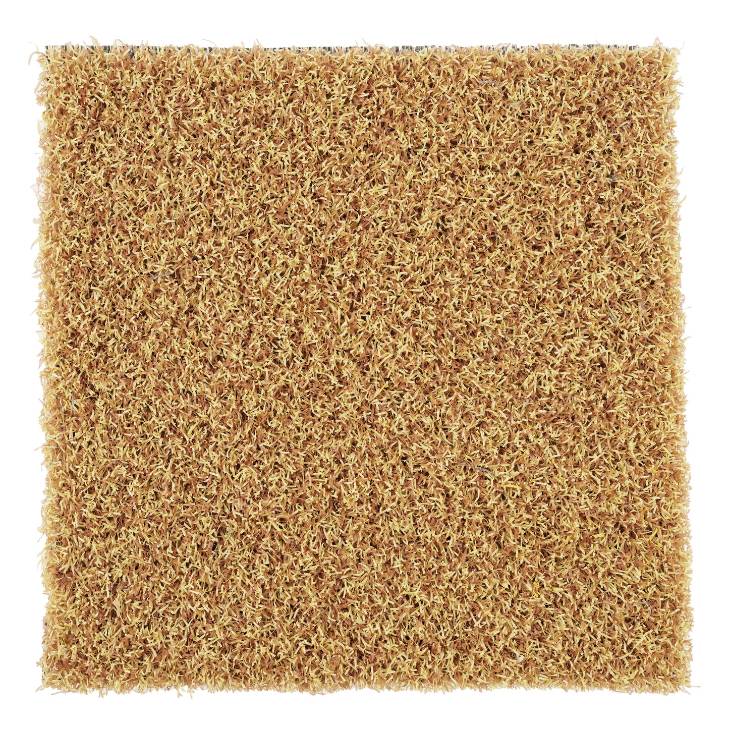 Natural tan artificial grass mat, soft texture, ideal for indoor/outdoor decor, 1x1 meter size.