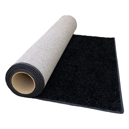 Black plush carpet rug roll with a textured backing, perfect for indoor flooring decor.