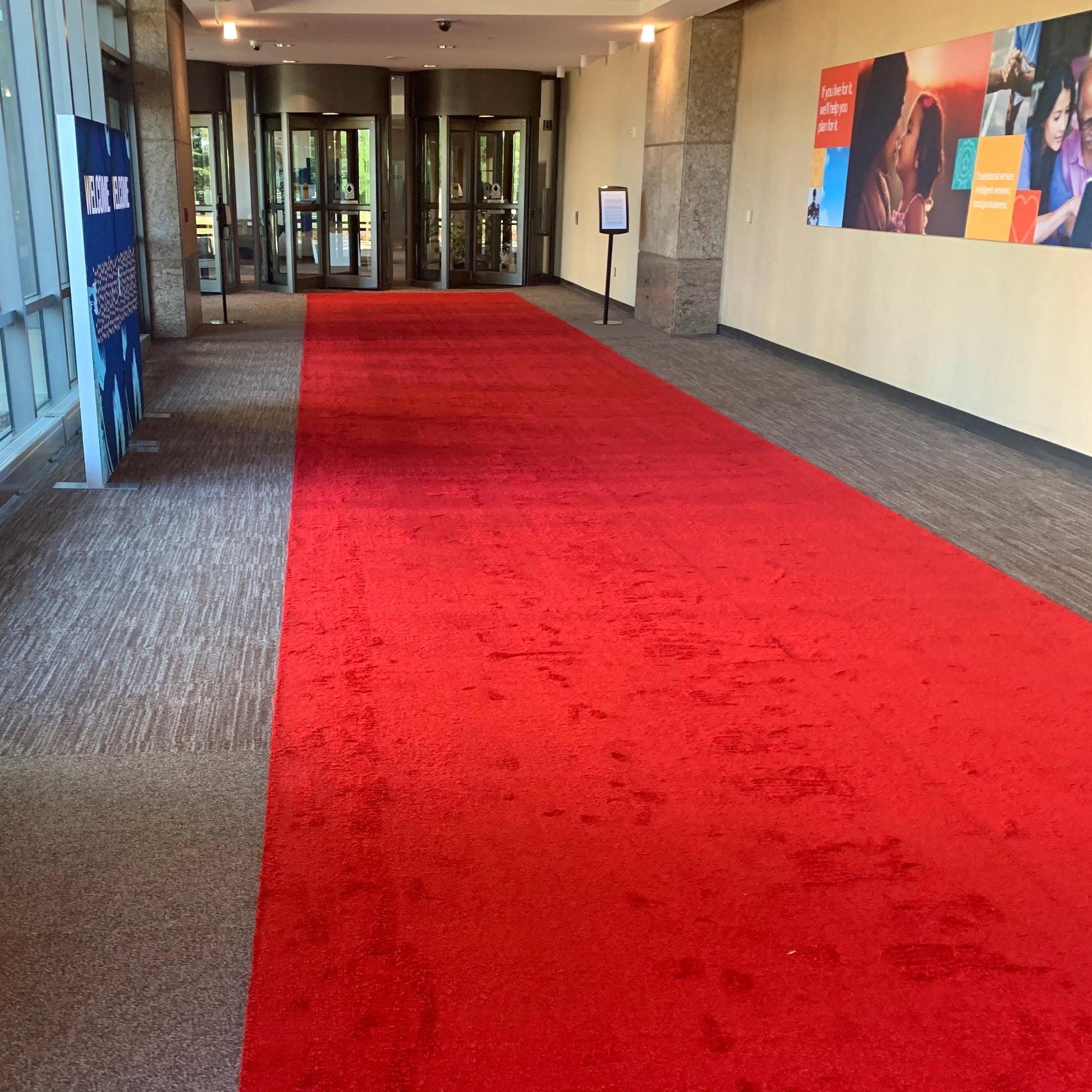 Bright red carpet runner in an indoor corridor, perfect for events and ceremonies.