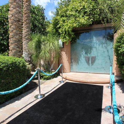 Elegant black runner mat leading to glass entrance, bordered by tropical plants and rope stanchions.