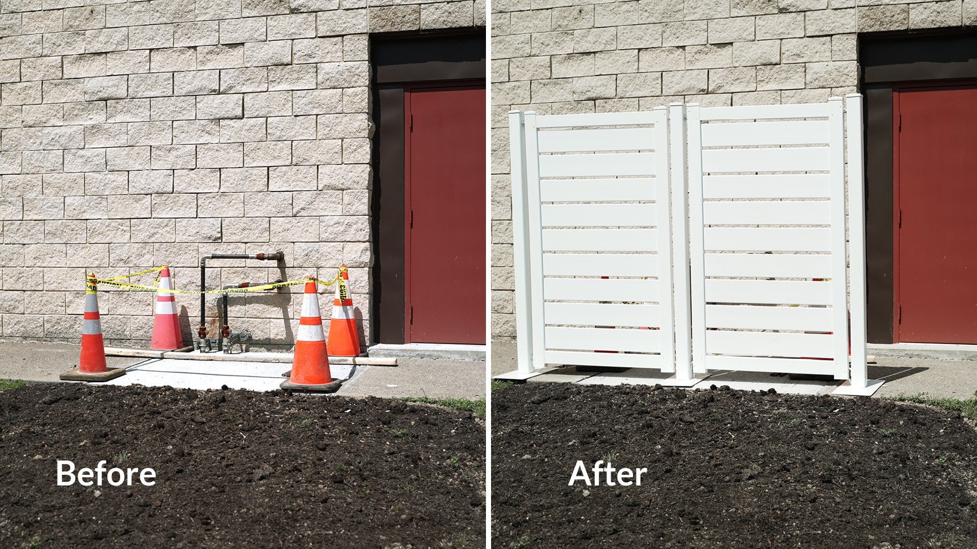 Before and after comparison of a white fence concealing outdoor piping with orange cones and caution tape.