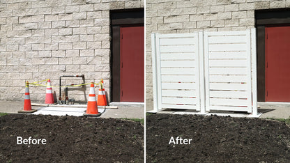Before and after comparison of a white fence concealing outdoor piping with orange cones and caution tape.