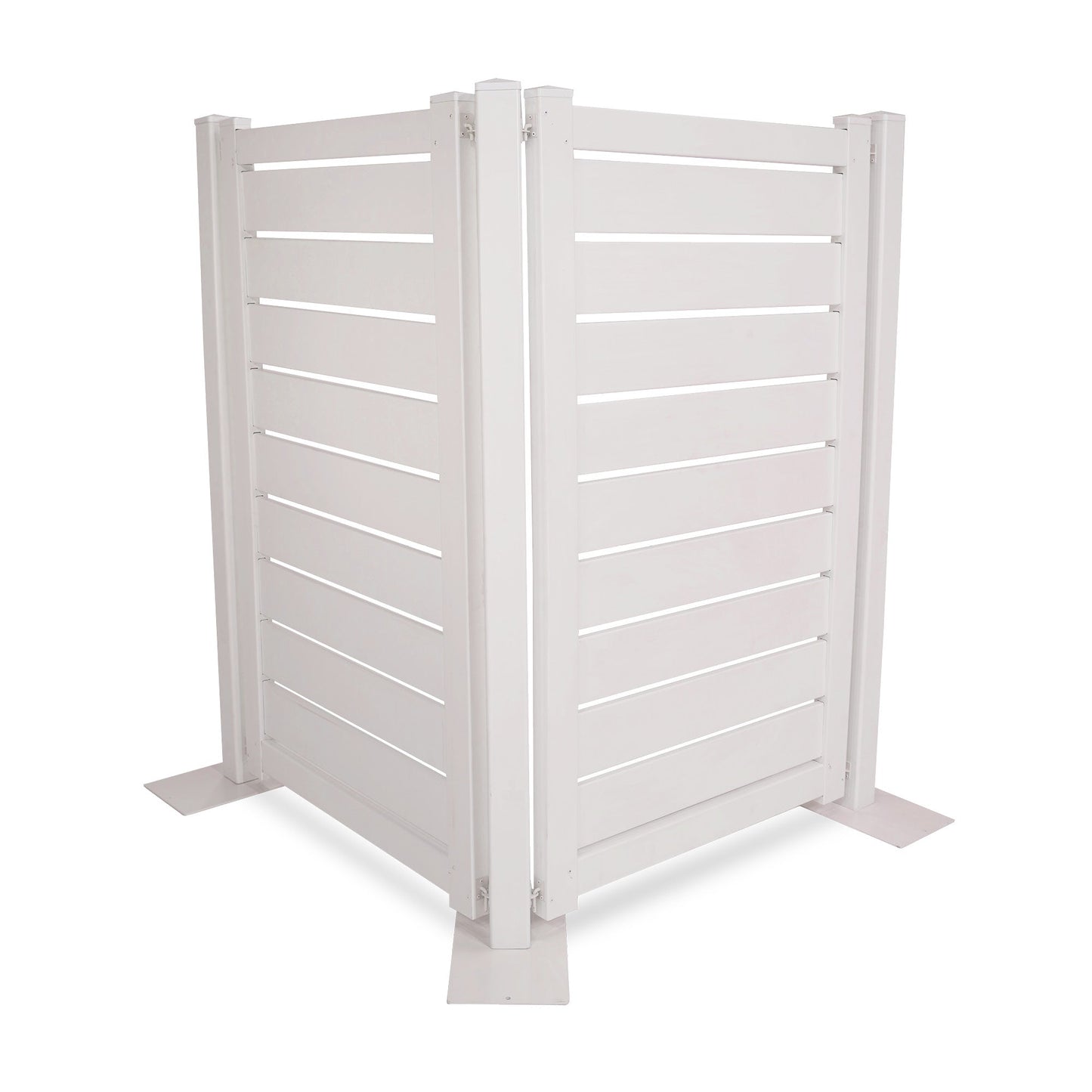 White outdoor privacy screen made of durable wood, featuring a modern slatted design and metal base.