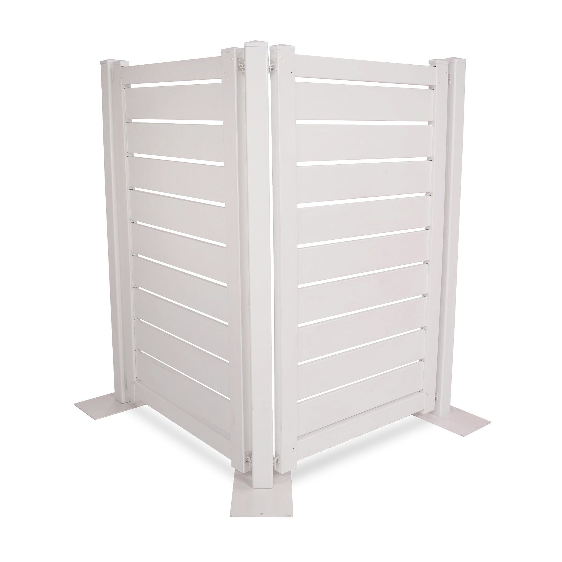 White outdoor privacy screen made of durable wood, featuring a modern slatted design and metal base.