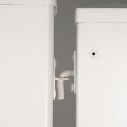Close-up of white metal cabinet latch, highlighting durable design and smooth functionality.