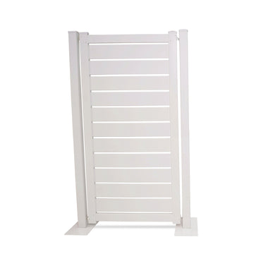 White vinyl privacy fence panel with horizontal slats and sturdy posts, ideal for outdoor spaces.