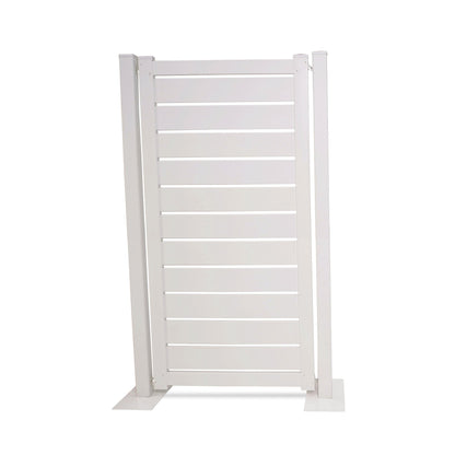 White vinyl privacy fence panel with horizontal slats and sturdy posts, ideal for outdoor spaces.