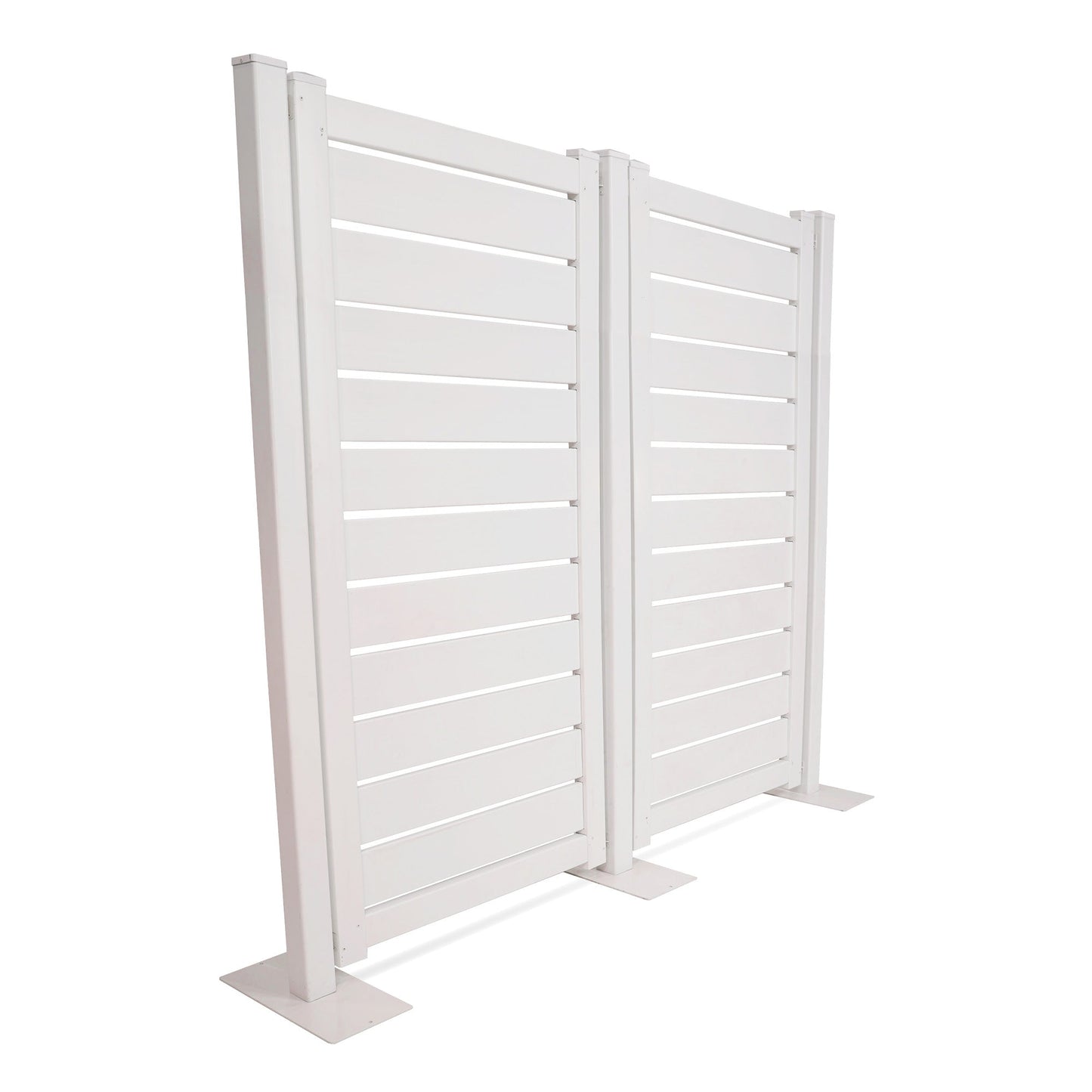 Modern white outdoor privacy fence panel, made of durable materials with sleek horizontal slats.