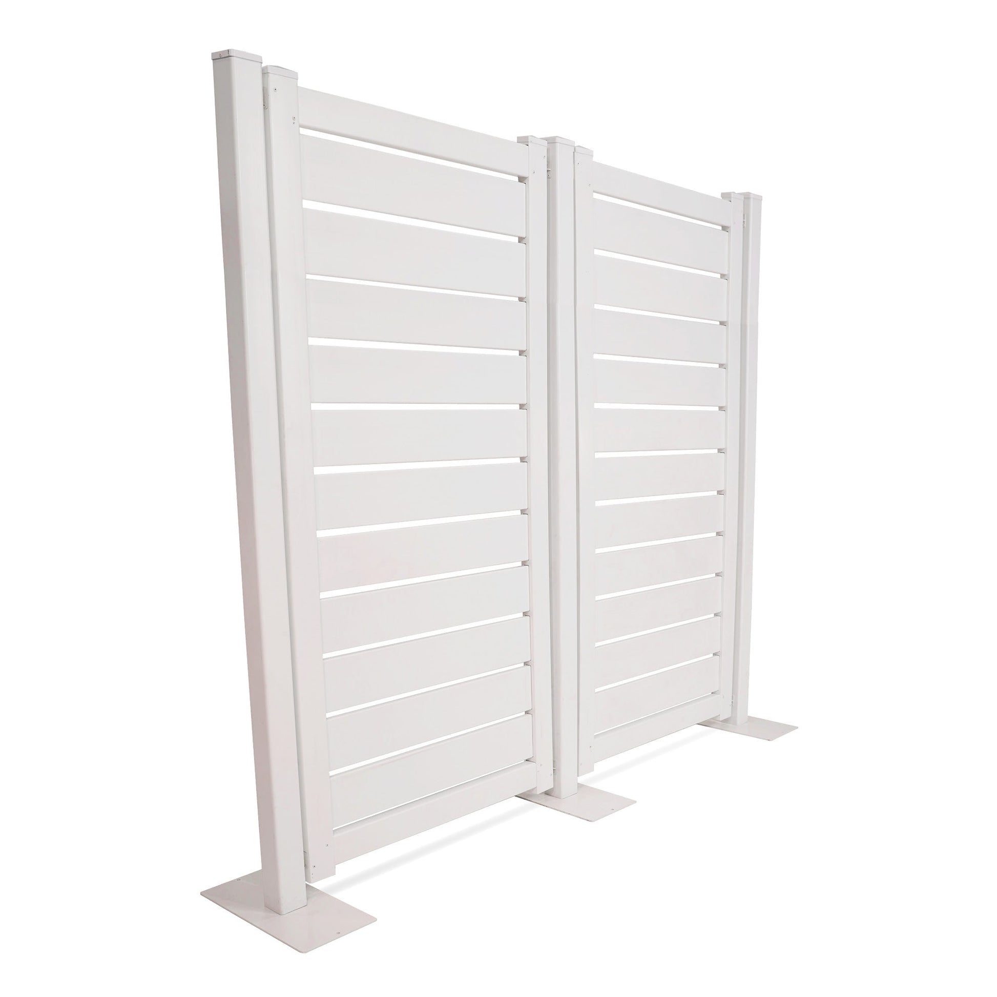Modern white outdoor privacy fence panel, made of durable materials with sleek horizontal slats.