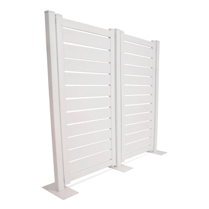 Modern white outdoor privacy fence panel, made of durable materials with sleek horizontal slats.