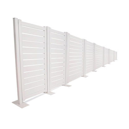 White vinyl fencing panels with horizontal slats for privacy and durability.