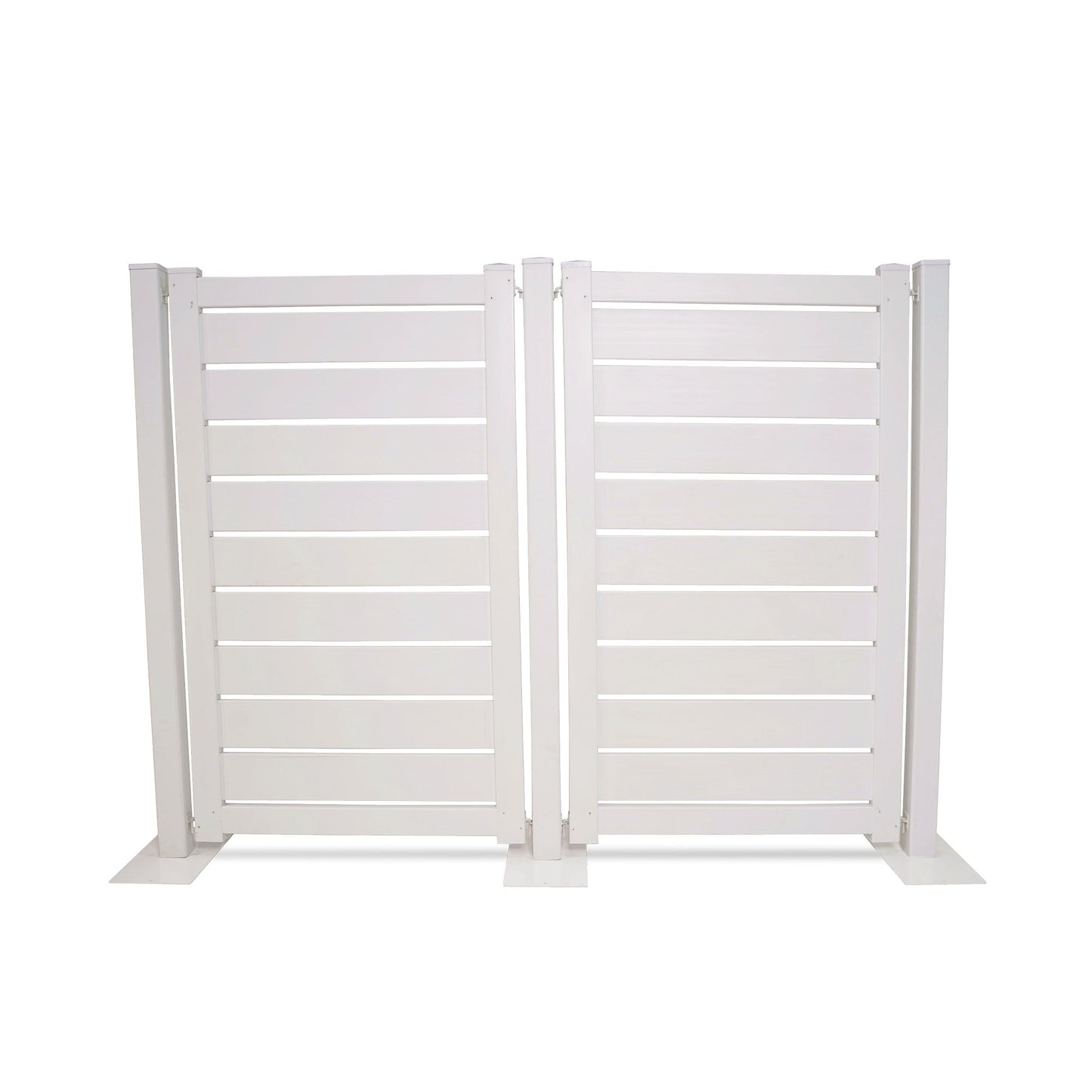 White privacy fence panel made of durable materials with a modern slatted design, ideal for outdoor spaces.