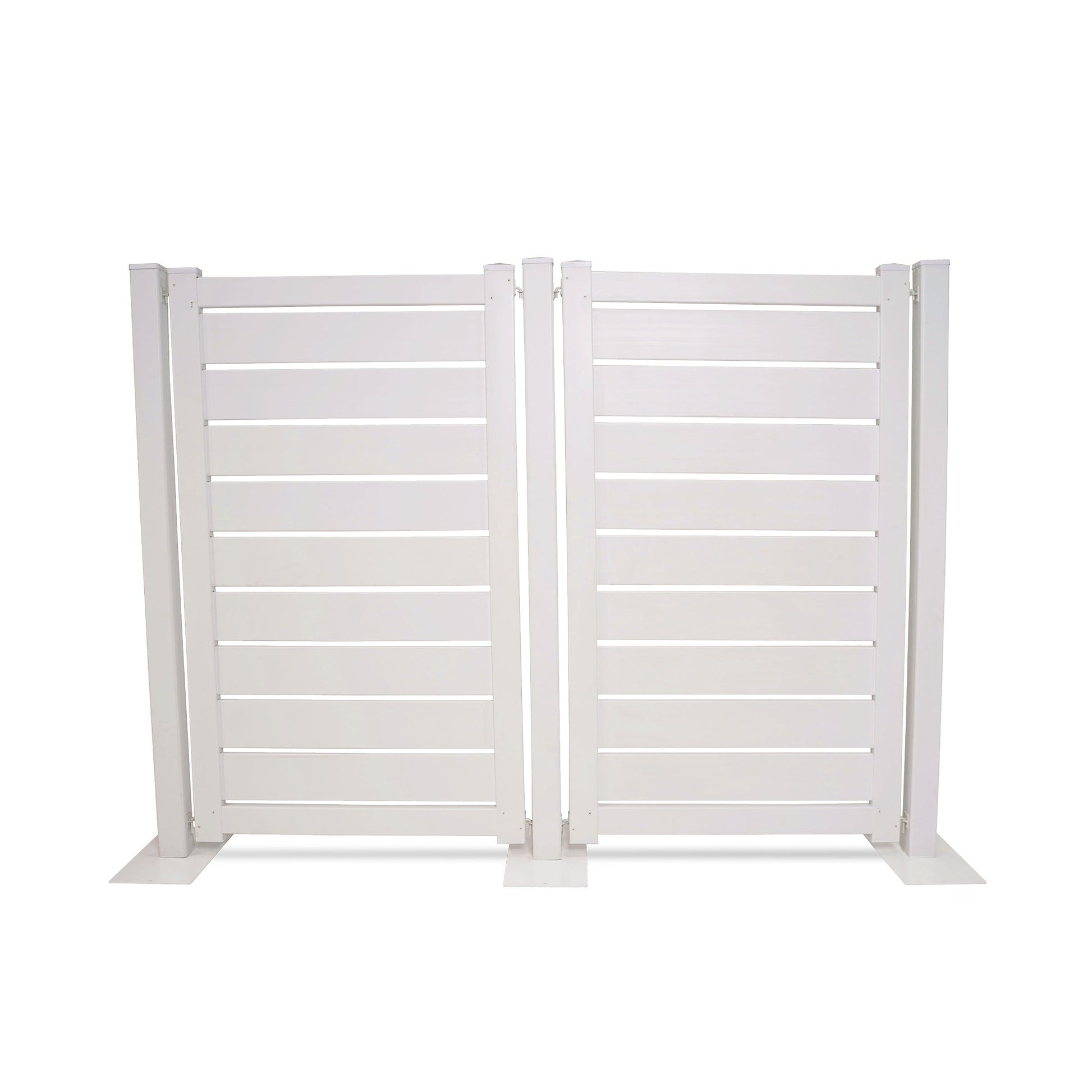 White privacy fence panel made of durable materials with a modern slatted design, ideal for outdoor spaces.