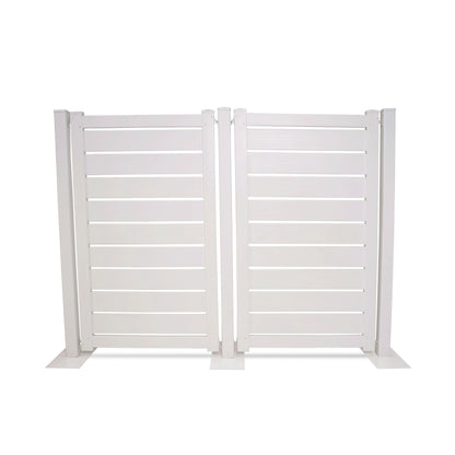 White privacy fence panel made of durable materials with a modern slatted design, ideal for outdoor spaces.
