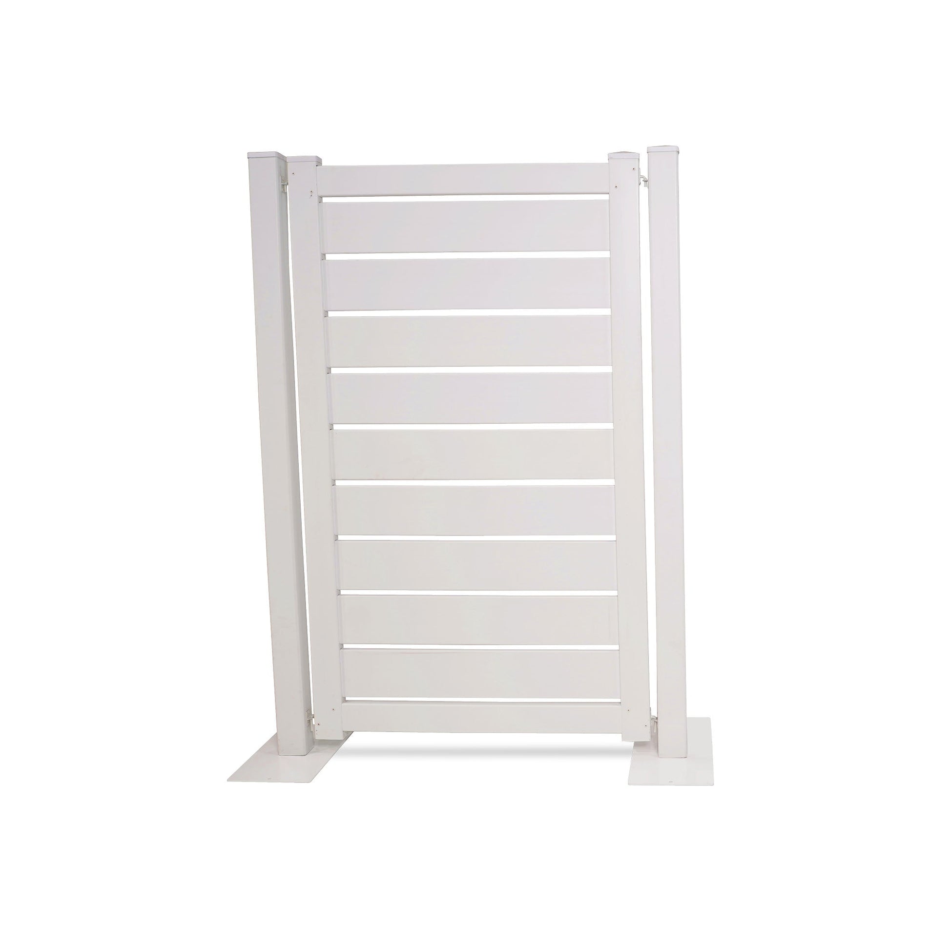 White wooden privacy fence panel with slatted design, perfect for outdoor spaces and gardens.