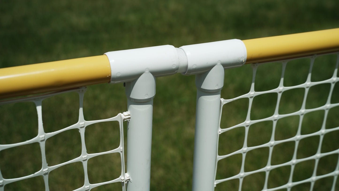 Close-up of a white and yellow sports net pole connector, ideal for outdoor games and recreational use.