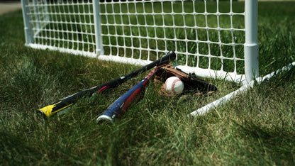 Baseball bats, glove, and ball on grass near a sports net, perfect for outdoor games.