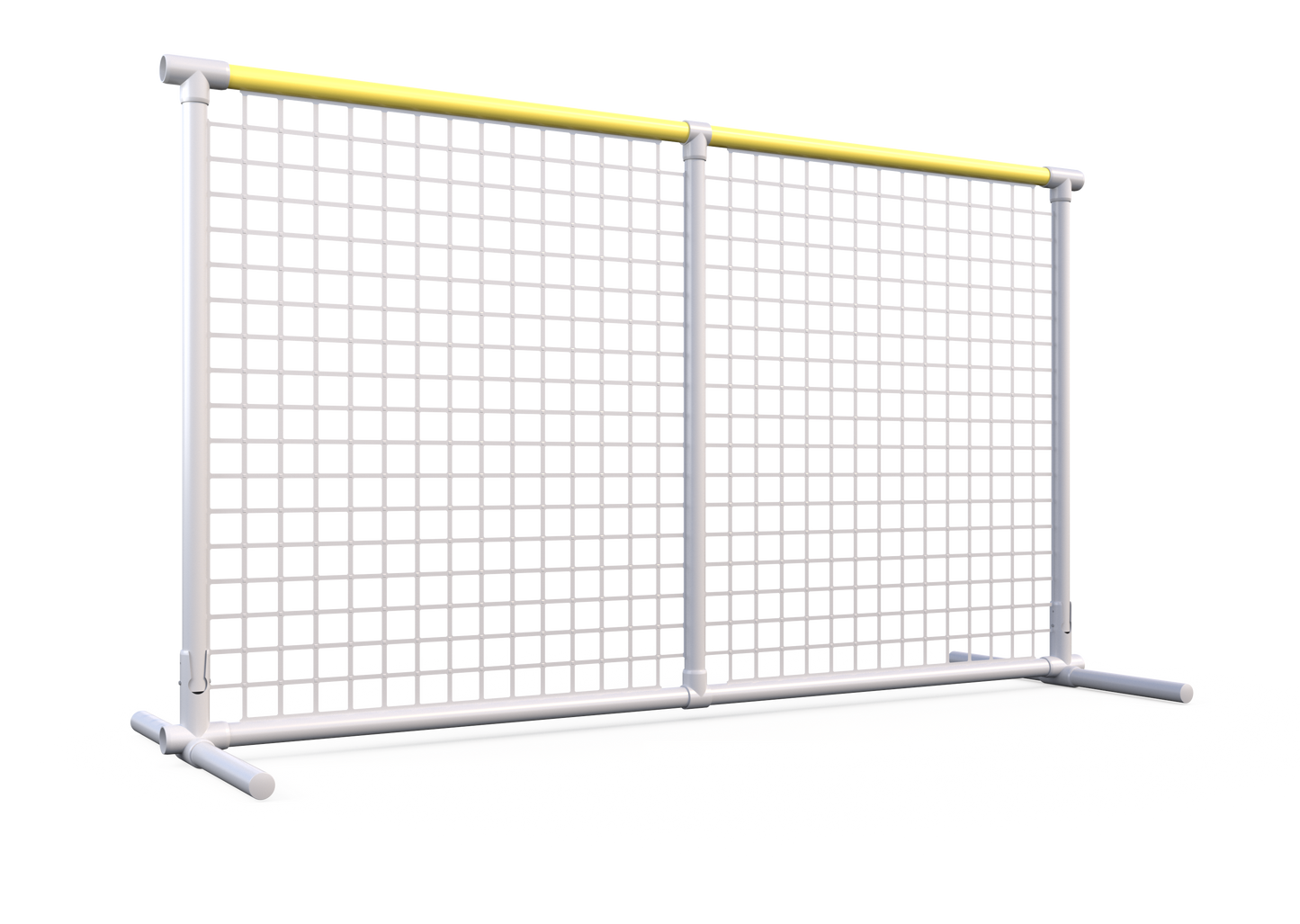 Durable white tennis windscreen with yellow top rail, ideal for outdoor sports protection and privacy.