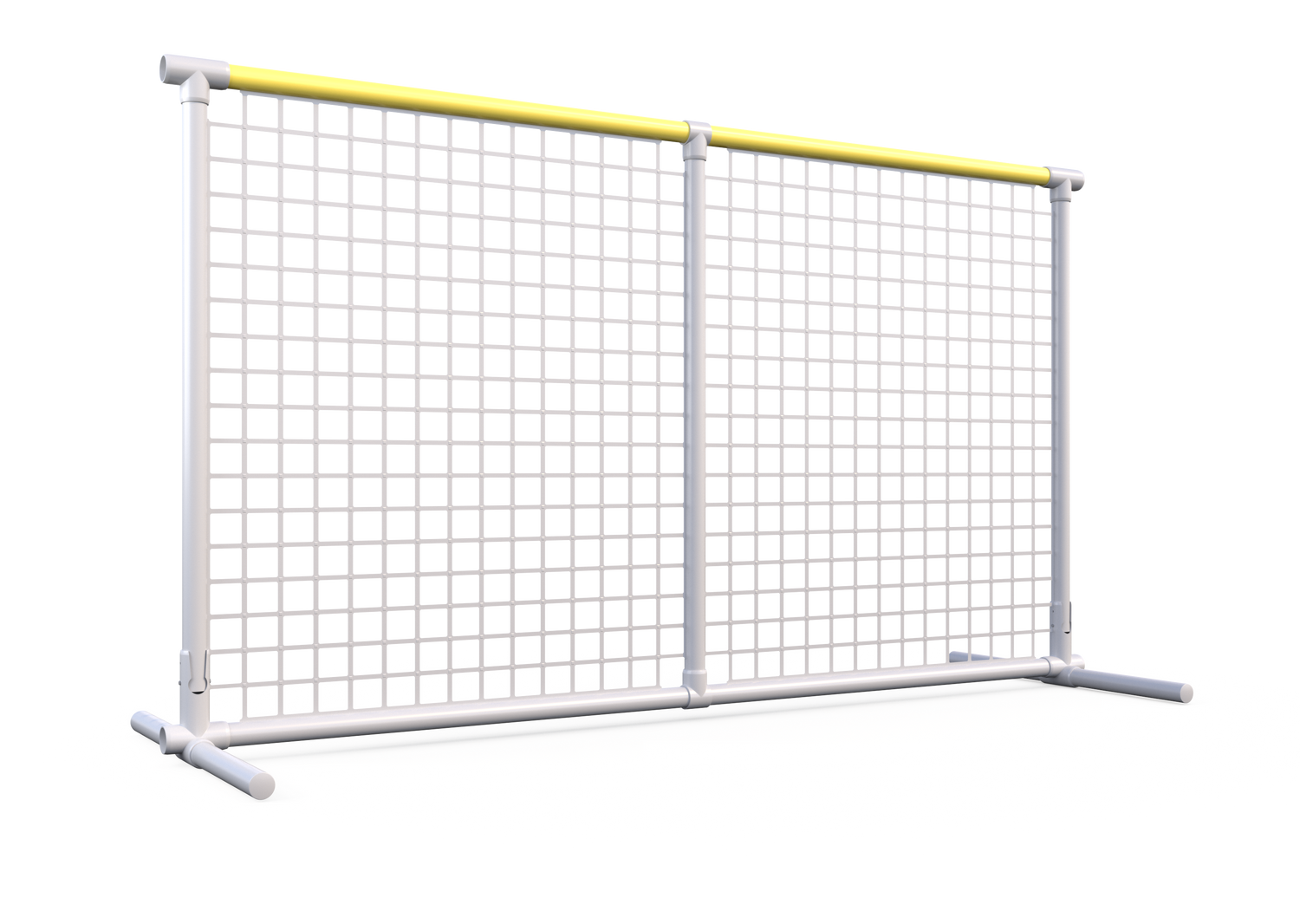 Durable white tennis windscreen with yellow top rail, ideal for outdoor sports protection and privacy.