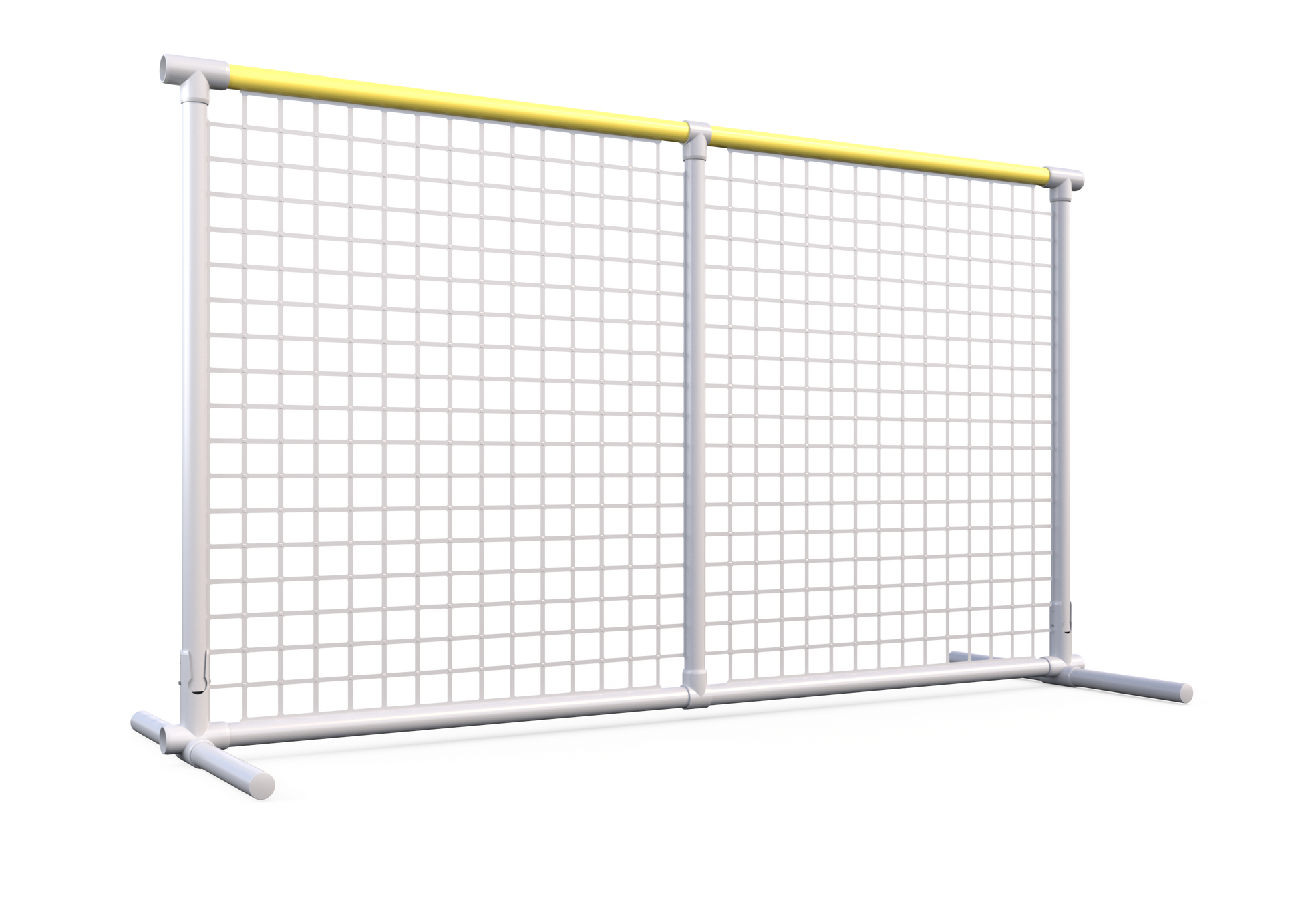 Durable white tennis windscreen with yellow top rail, ideal for outdoor sports protection and privacy.