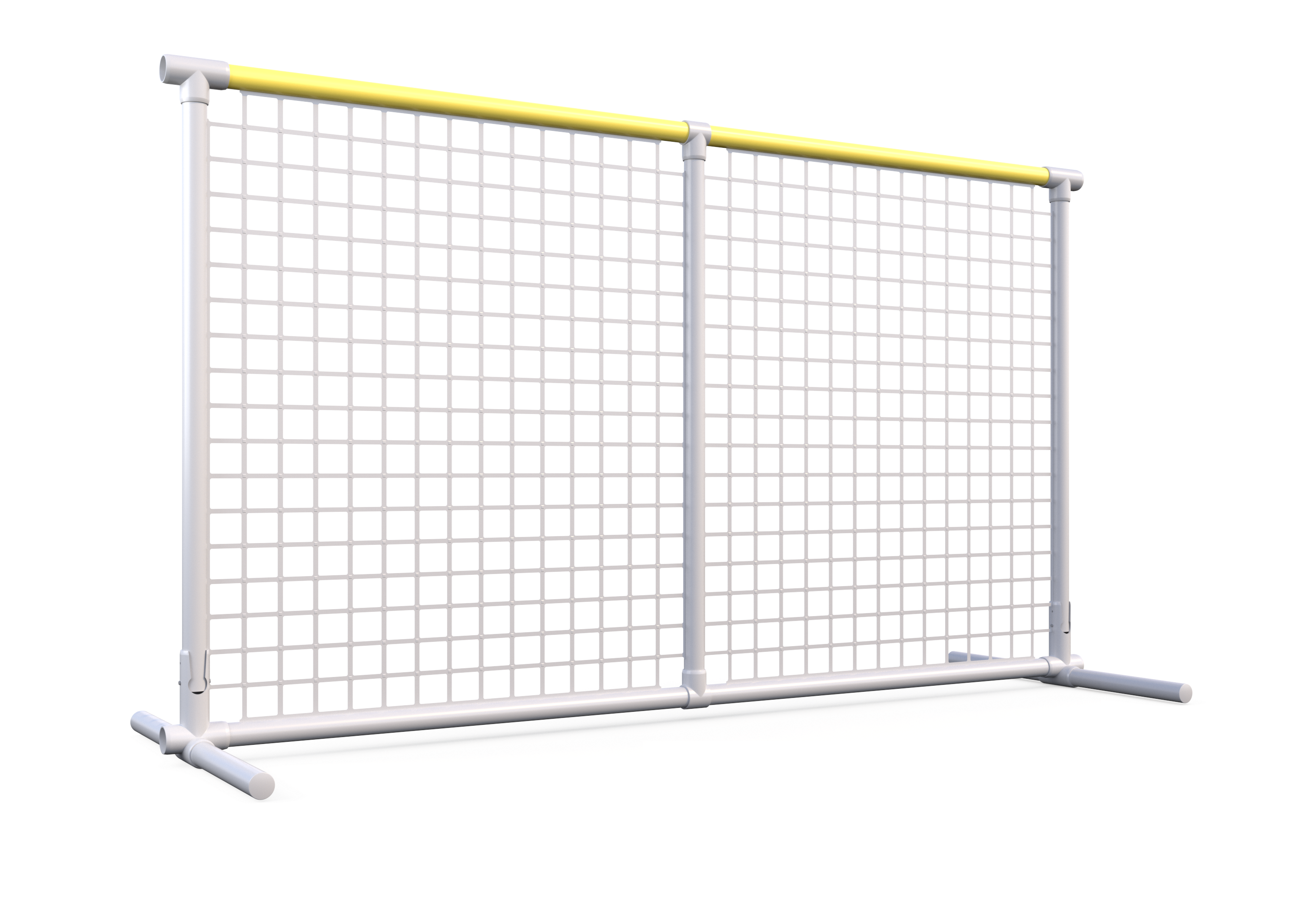Durable white tennis windscreen with yellow top rail, ideal for outdoor sports protection and privacy.