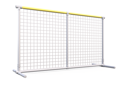 Durable white tennis windscreen with yellow top rail, ideal for outdoor sports protection and privacy.